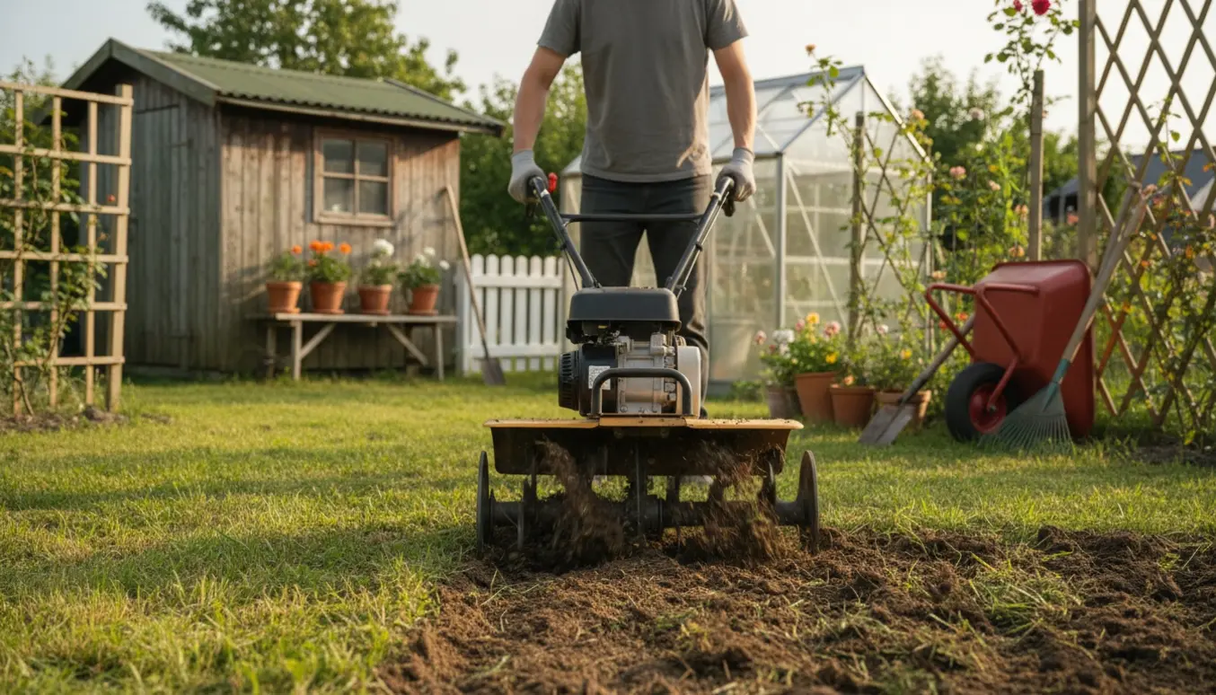En havefræser vender græsplæne til mørk, smuldrende jord i en kolonihave.