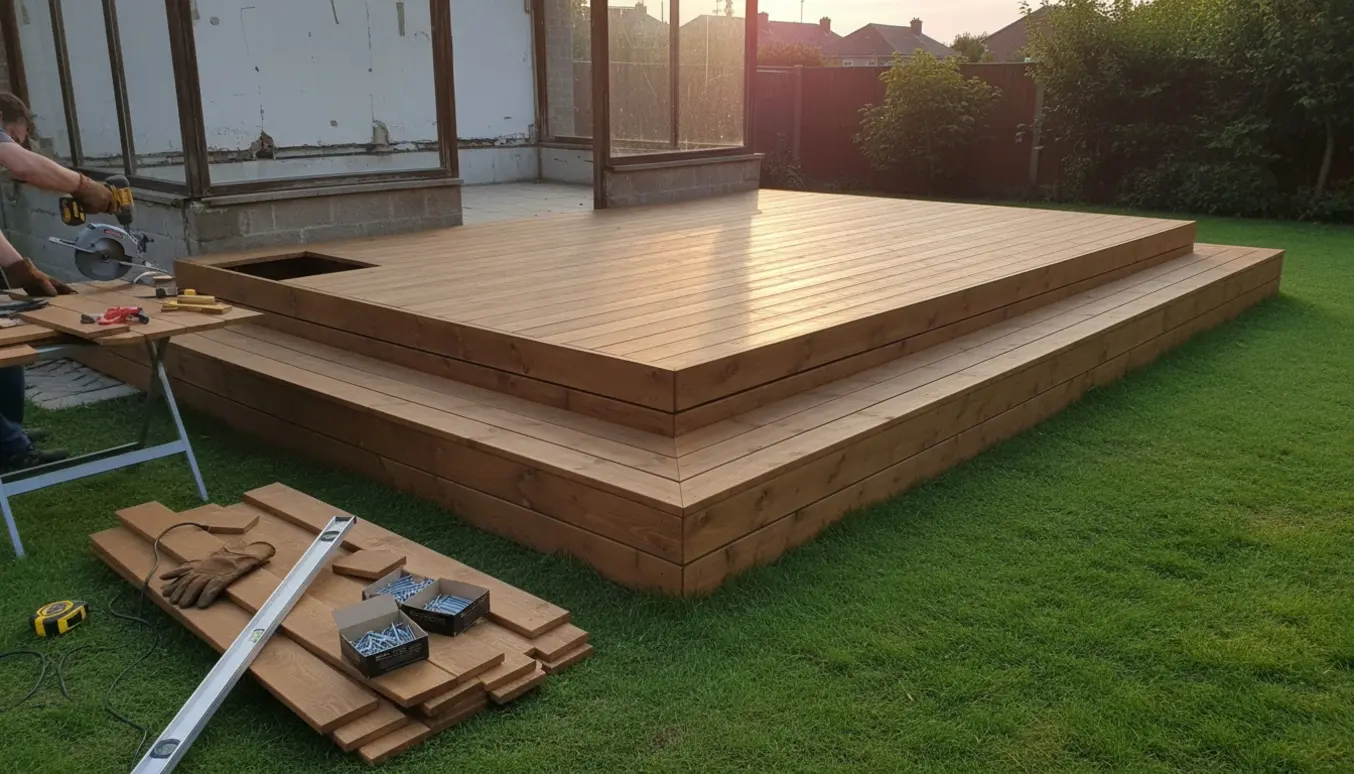 Nybygget træterrasse i brun trykimpræneret træ med brede lukkede sidde trin ned mod græsplænen og byggeværktøj i forgrunden.