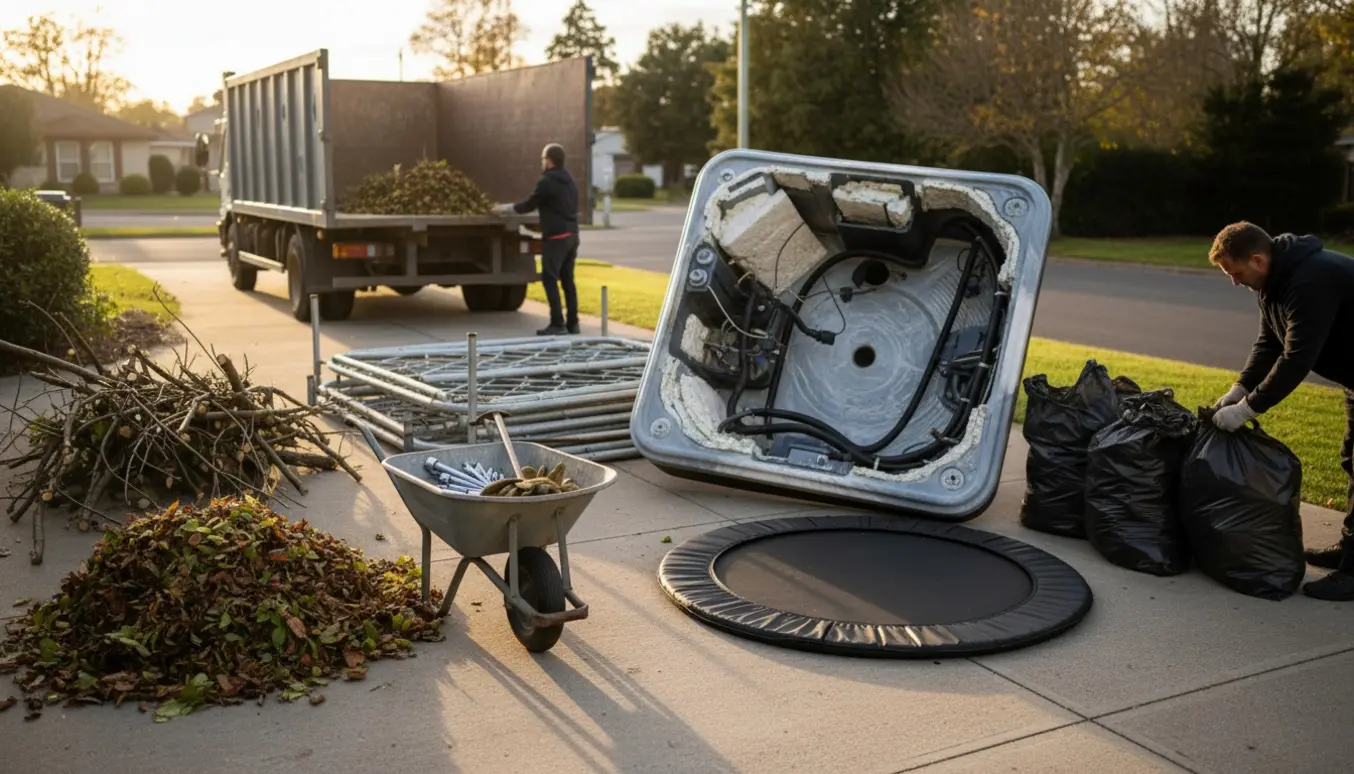 Adskilt spa og nedtaget trampolin ved indkørsel med haveaffald og plads til omkring otte sække.