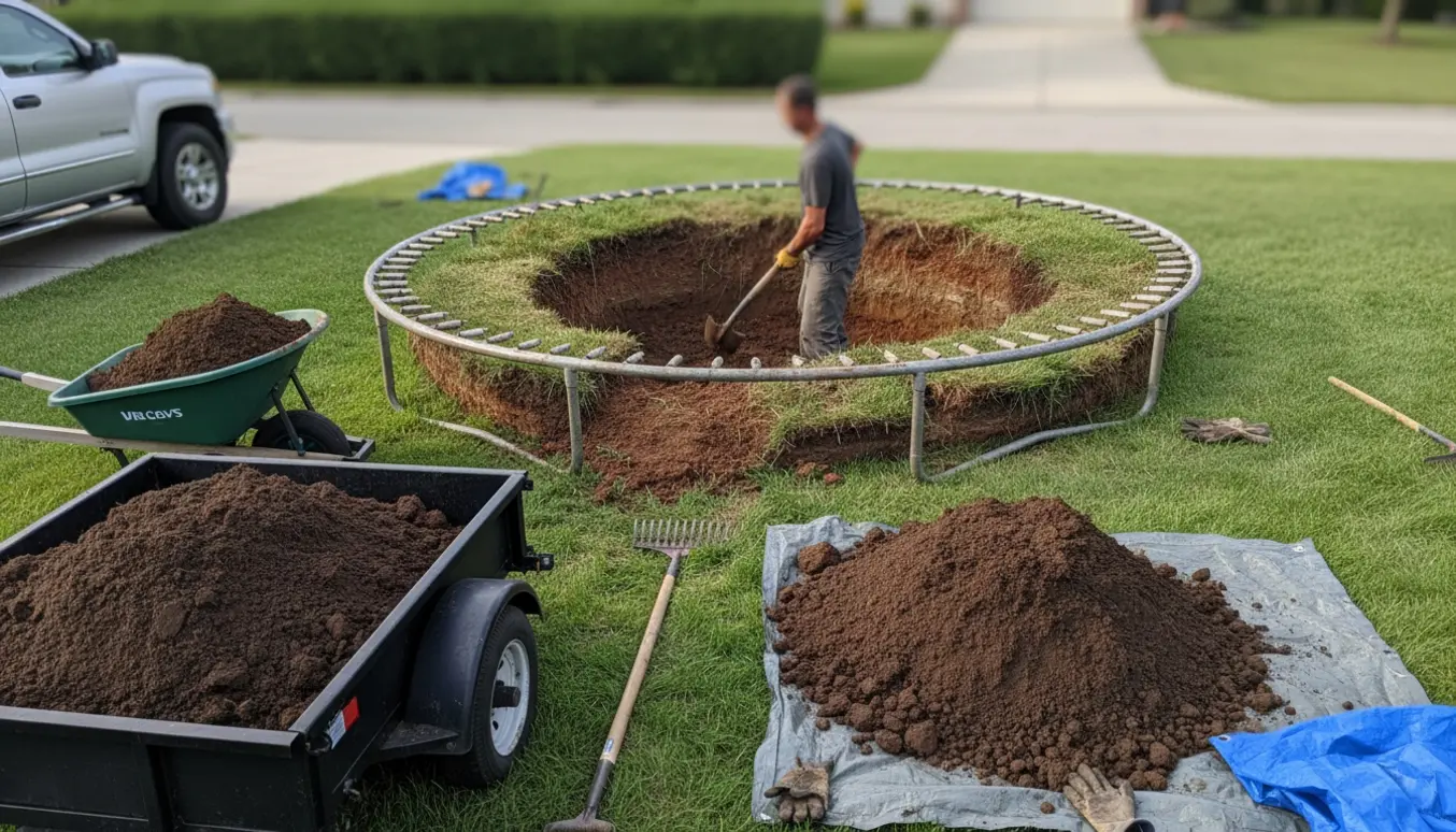 Halvt gravet hul til trampolin i baghaven med trailer fyldt med jord og skovle i forgrunden.