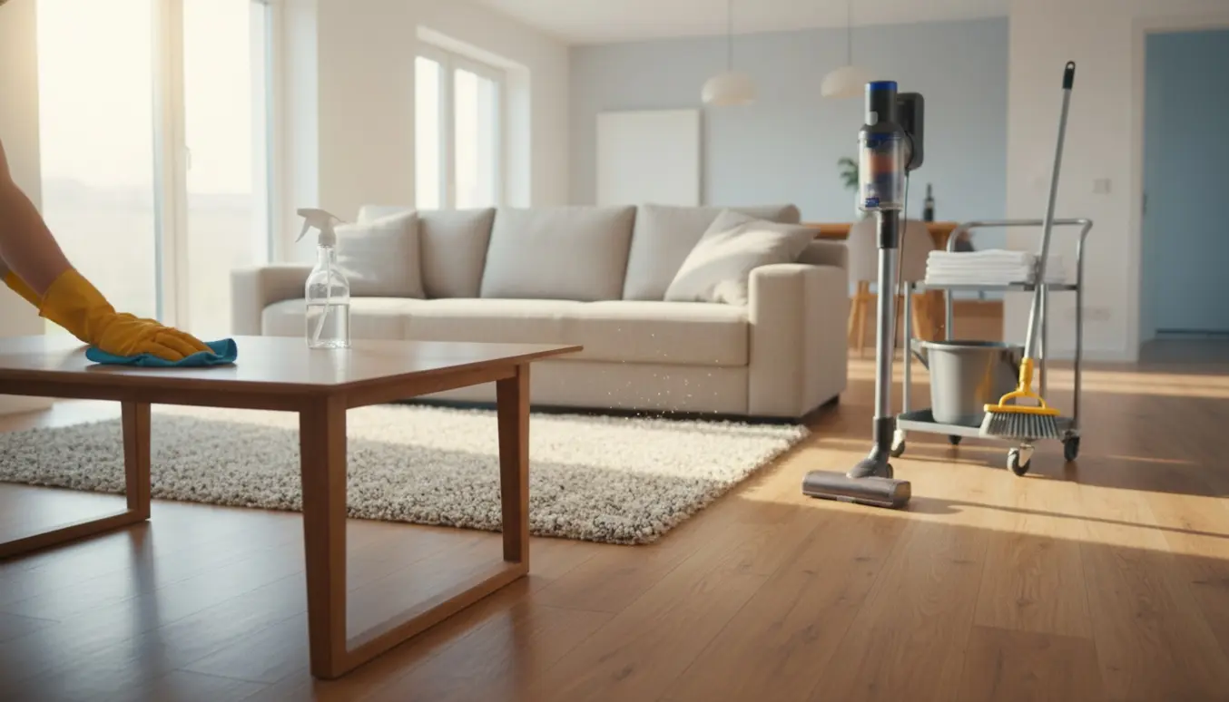 Rengøringshjælp tørrer et sofabord i en lys, ryddelig stue med rengøringsudstyr i baggrunden.