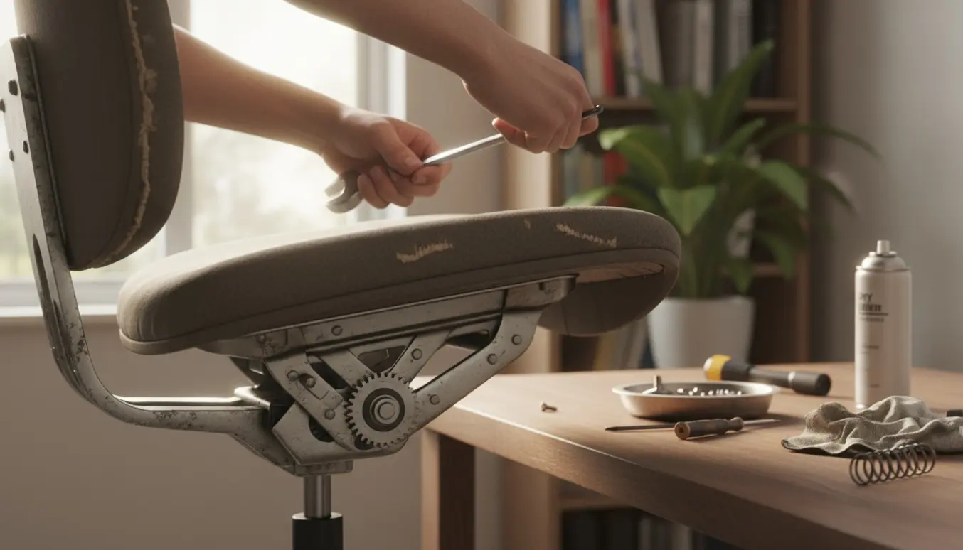 Nærbillede af hænder, der reparerer vippefunktionen under sædet på en ældre Labofa-kontorstol i et lyst værksted.