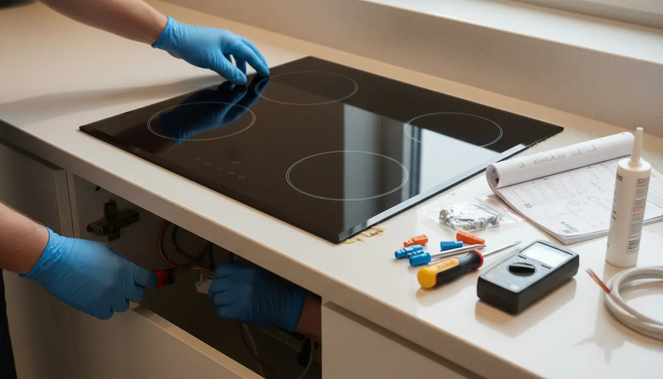 En ny induktionskogeplade sættes ind i en køkkenbordudskæring af håndværkere med værktøj og manual ved siden af.