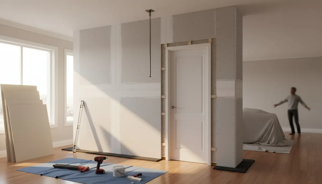 Aftagelig gipsvæg med dør installeret uden huller i gulvet, klar til spartling og maling.