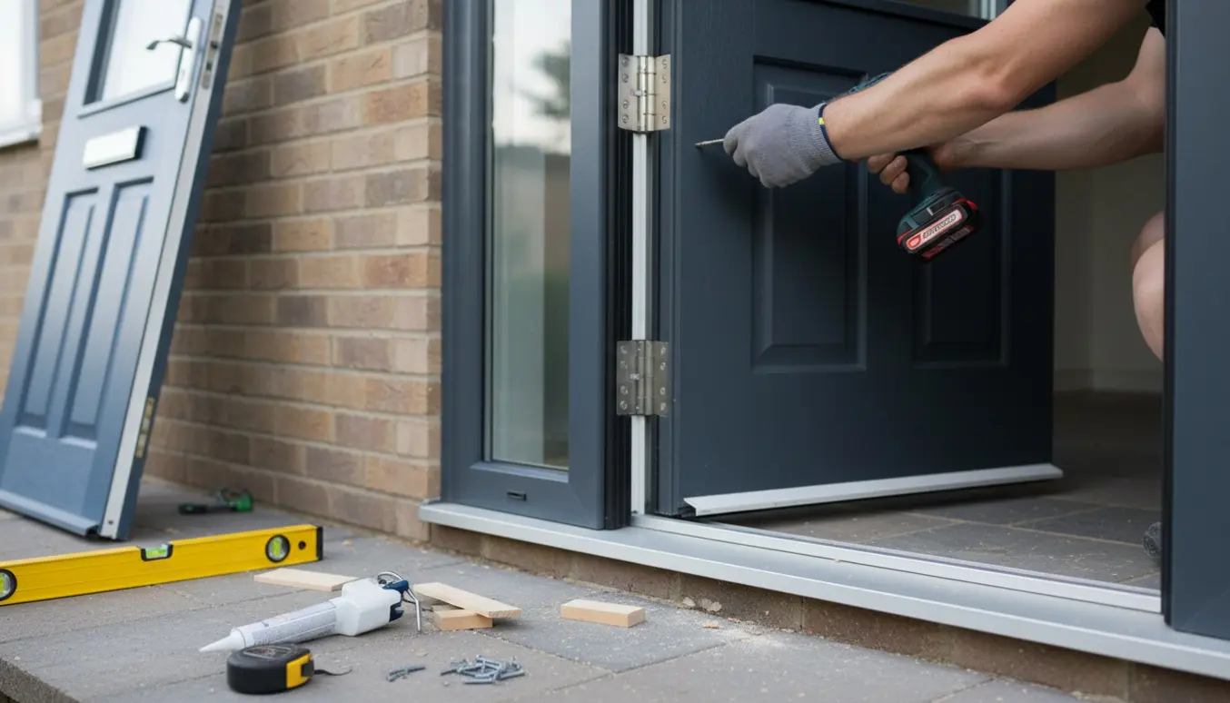 Håndværker installerer en ny udadgående hoveddør, fokuseret på hængsler og værktøj.