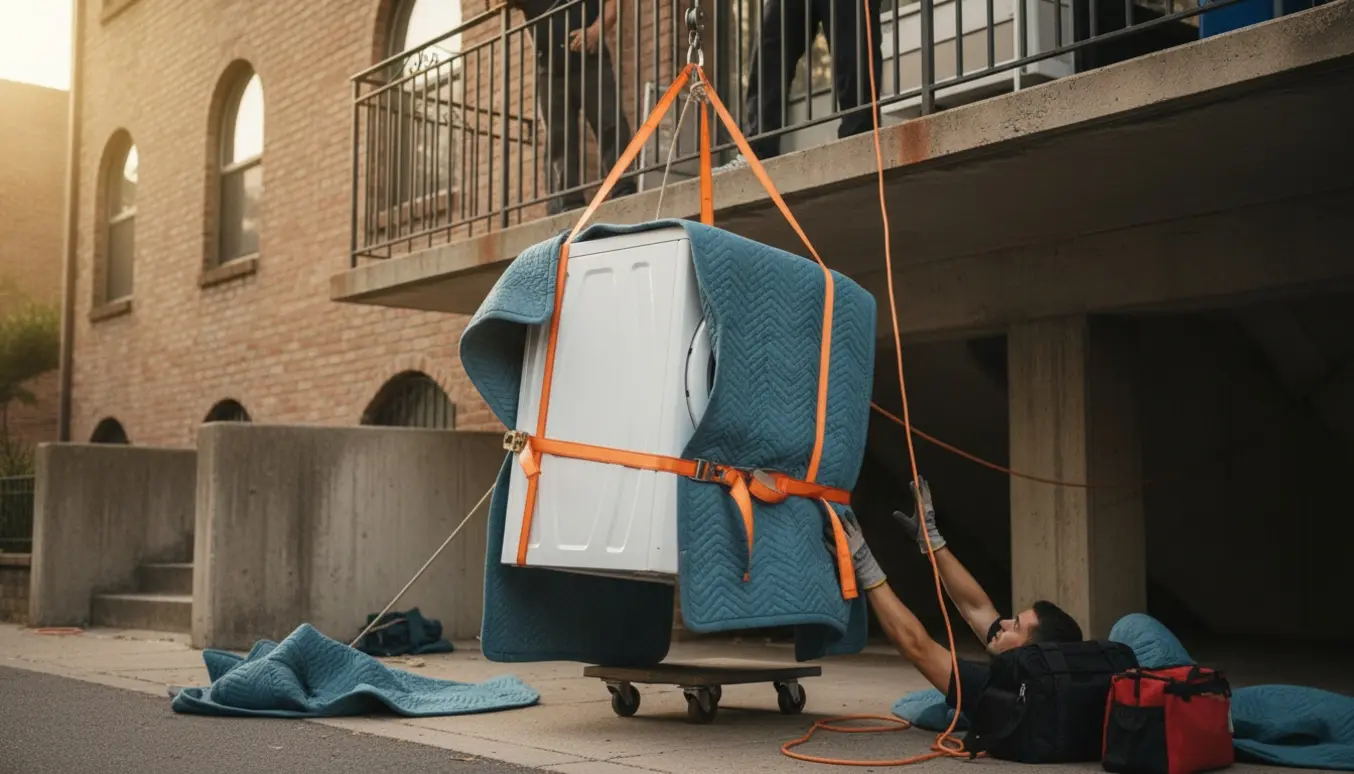 Vaskemaskine sænkes fra 3. sal med flyttetæpper og stropper, mens hjælpere guider den med skjulte ansigter.