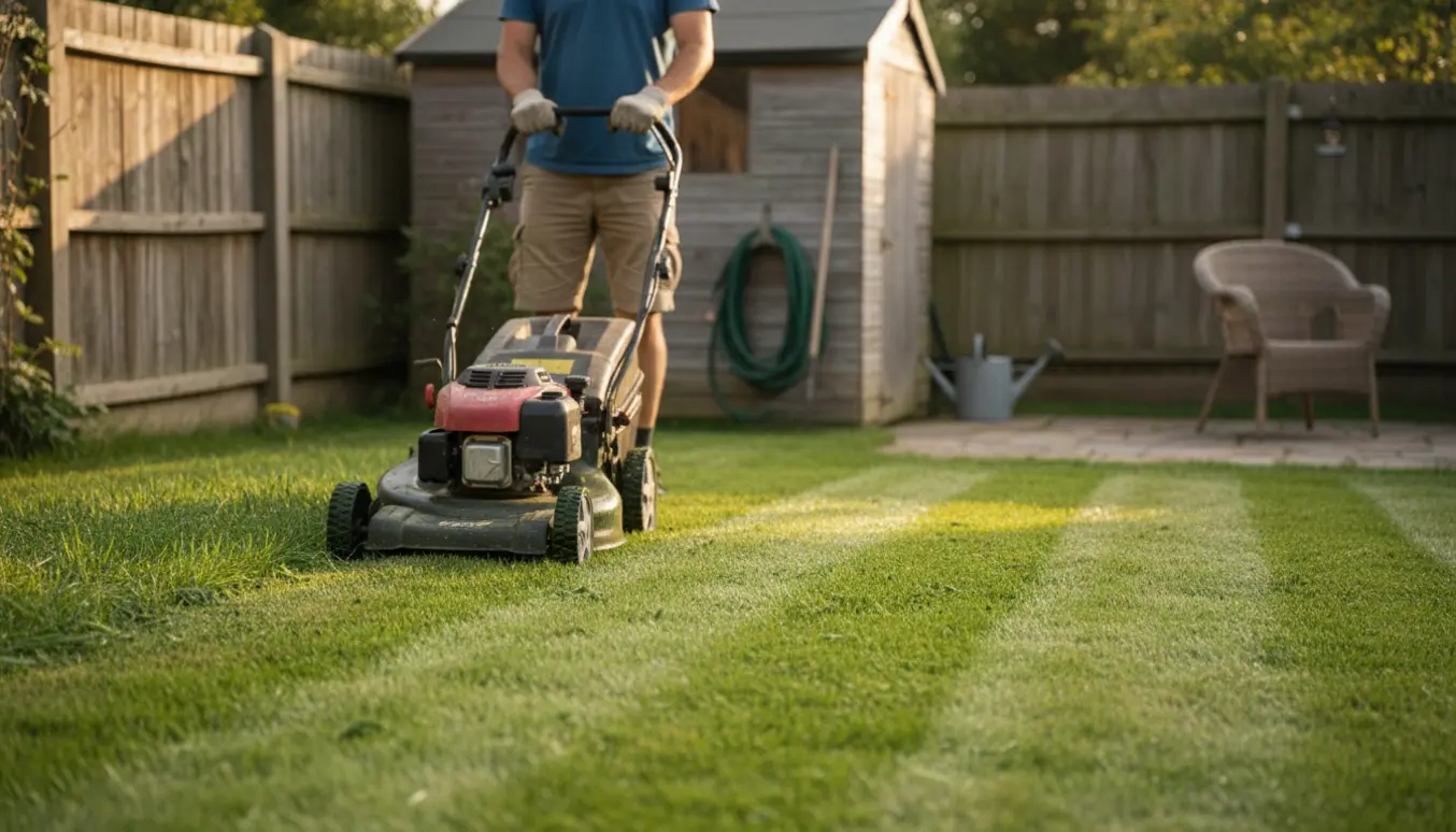 En person slår græs i baghaven med plæneklipper, der efterlader friske striber.