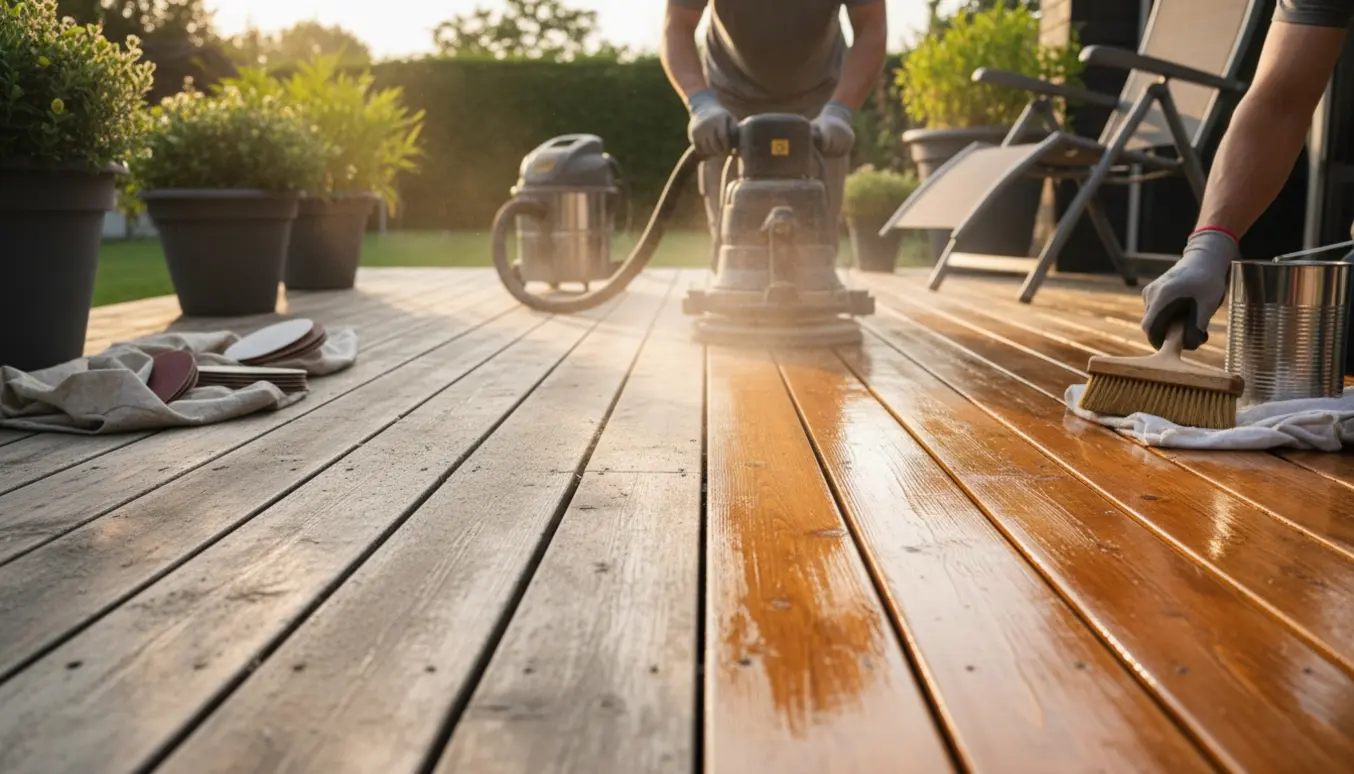 Nærbillede af slibning og oliering af en træterrasse med værktøj og synlig forskel mellem slibede og nymalede brædder.