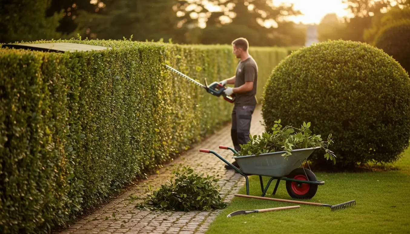En person klipper en lang laurbærhæk og former en laurbærbusk med haveredskaber og afklip ved siden af.