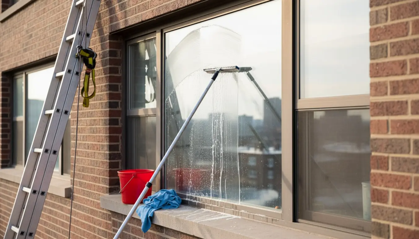 Vinduespudsning på 4. sal med squeegee, spand og skinnende vindue.