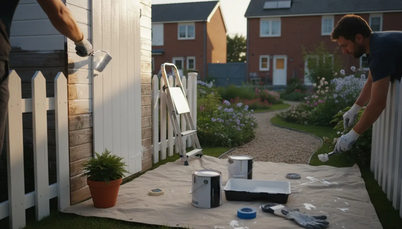 Nærbillede af hænder, der maler et lille skur og hegn i en rækkehushave med rulle og pensel.