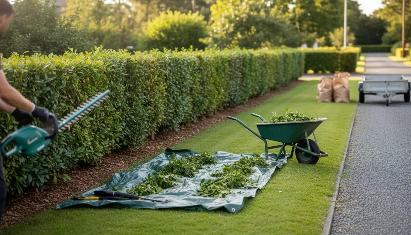 En person klipper en lang, tæt hæk i en villahave med afklip samlet i trillebør og poser klar til bortskaffelse.
