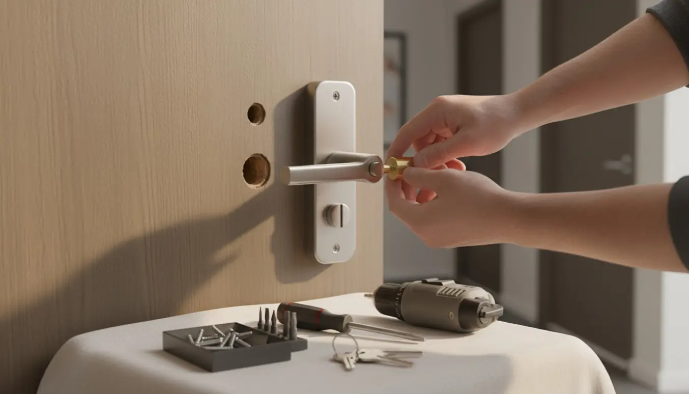Nærbillede af hænder, der monterer nyt låsecylinder og dørhåndtag på en hoveddør med værktøj ved siden af.