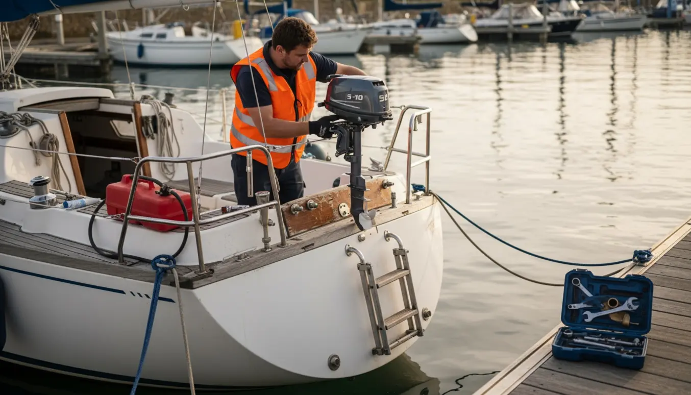 Tekniker monterer en ny 5–10 HK påhængsmotor på agterenden af en 22 fods Leisure sejlbåd i en rolig marina.