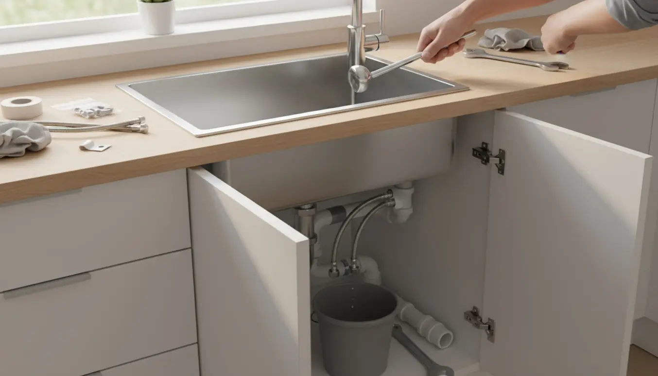 Hænder monterer et nyt krom blandingsbatteri i en enkeltvask med åbent underskab og synlige rør.