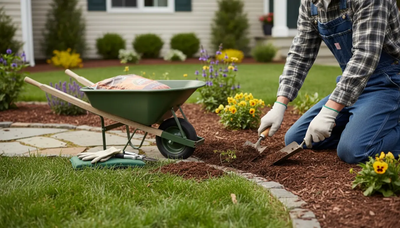 Havemand arbejder med at luge bede og lave rene kanter langs husets side.
