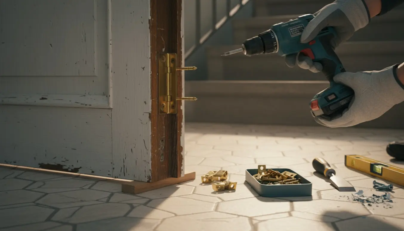 Dør i opgangen genmonteres med nye hængsler og en skruemaskine.