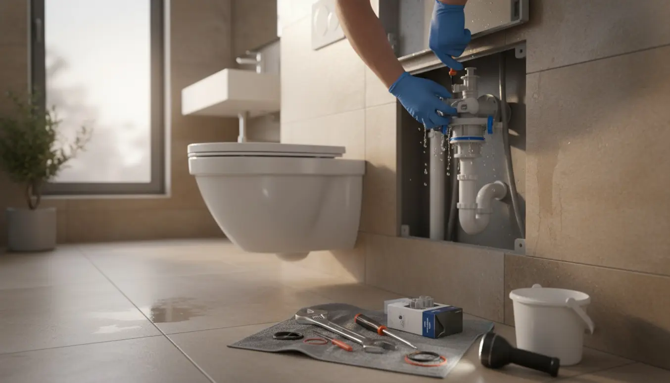 Hænder i handsker arbejder i åben serviceklap på et indbygget vægtoilet med værktøj og reservedele ved siden af.