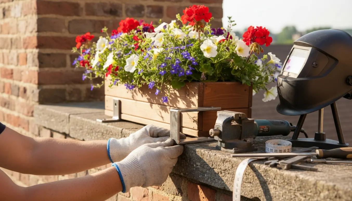 Speciallavet stålbeslag monteres på en dyb murstensaltankant for at bære en træaltankasse med blomster.