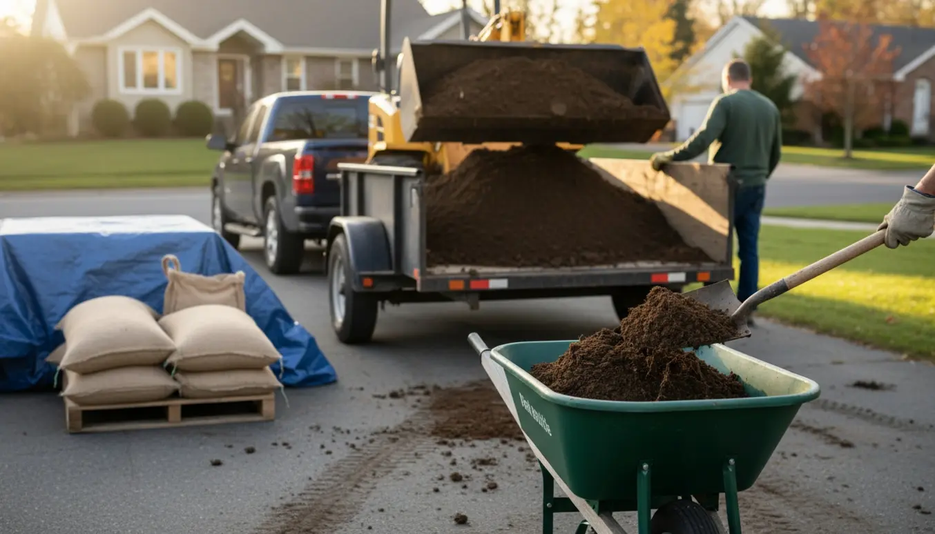 Stor bunke havejord læsses i trailer og trillebør med skovl og arbejdshandsker i forgrunden.