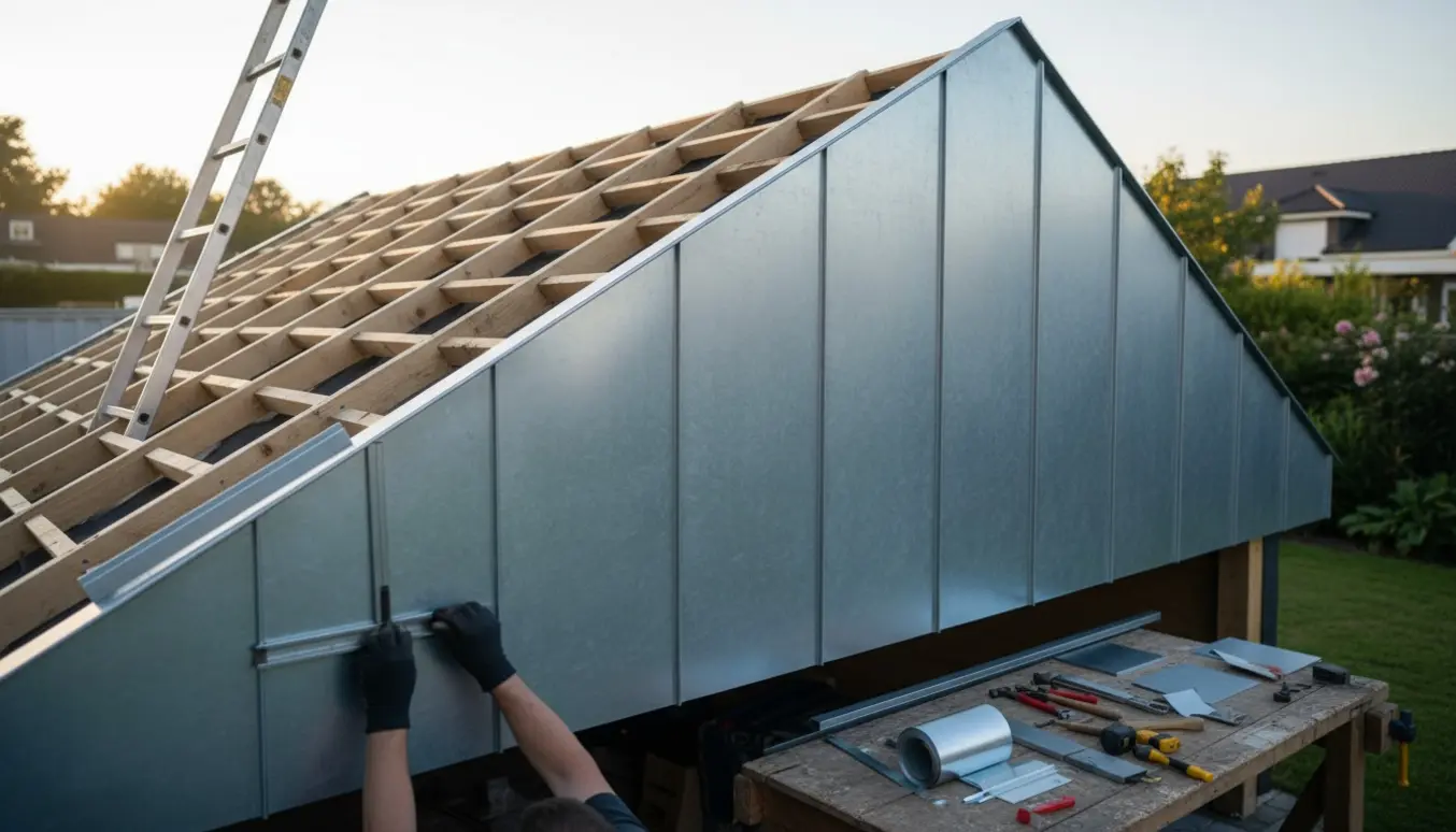 Zinkplader monteres på en carportgavl med håndværkerhænder, stige og værktøj i naturligt dagslys.