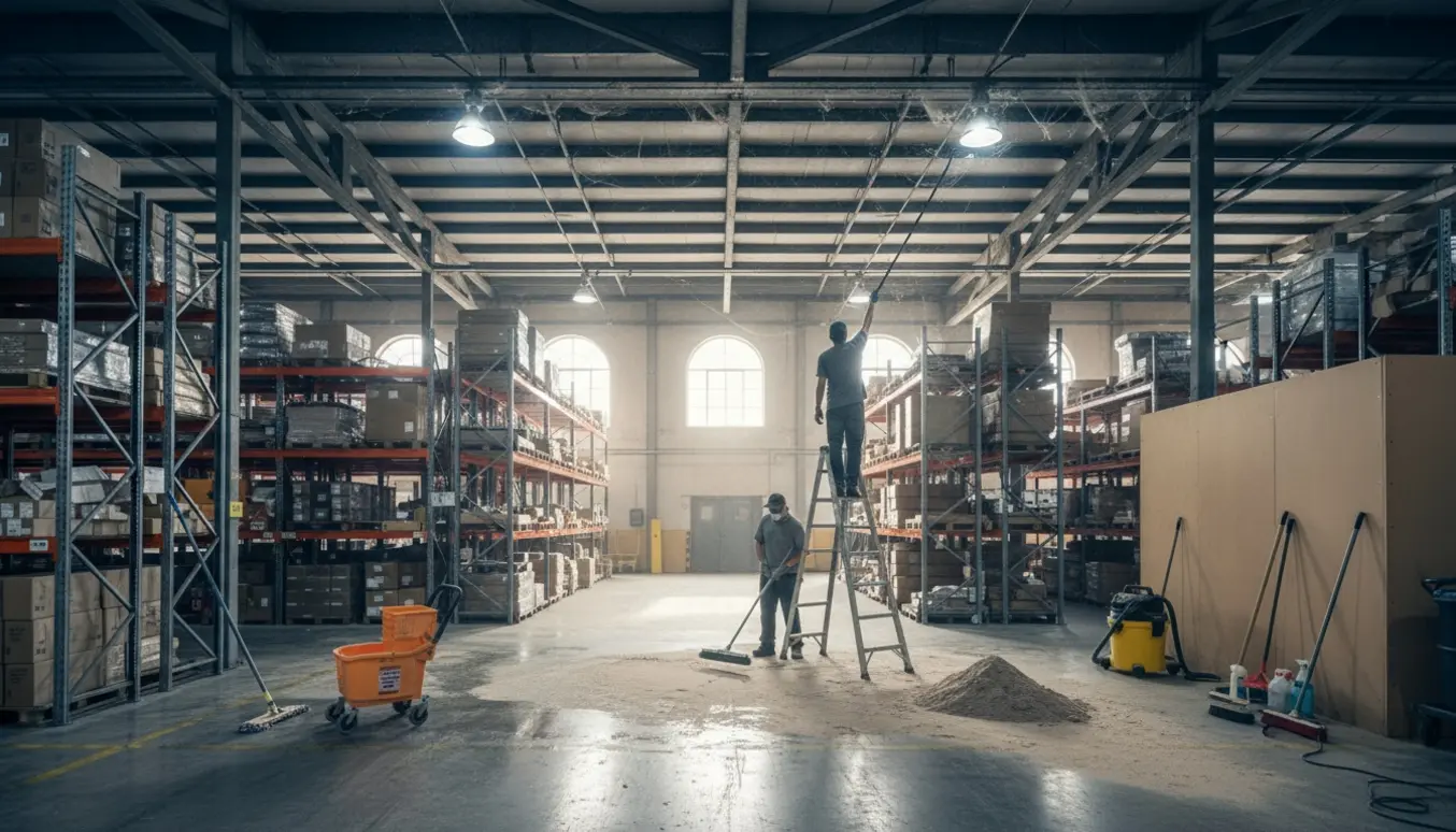 Rengøring af et mellemstort lager med fjernelse af spindelvæv og gulvvask.