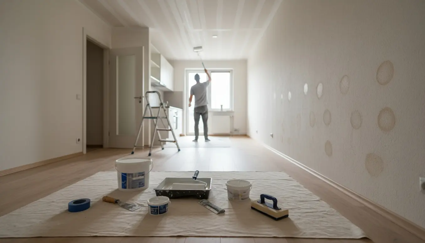 Tom 45 m² lejlighed under maling med spartlede huller, malerulle og stige.