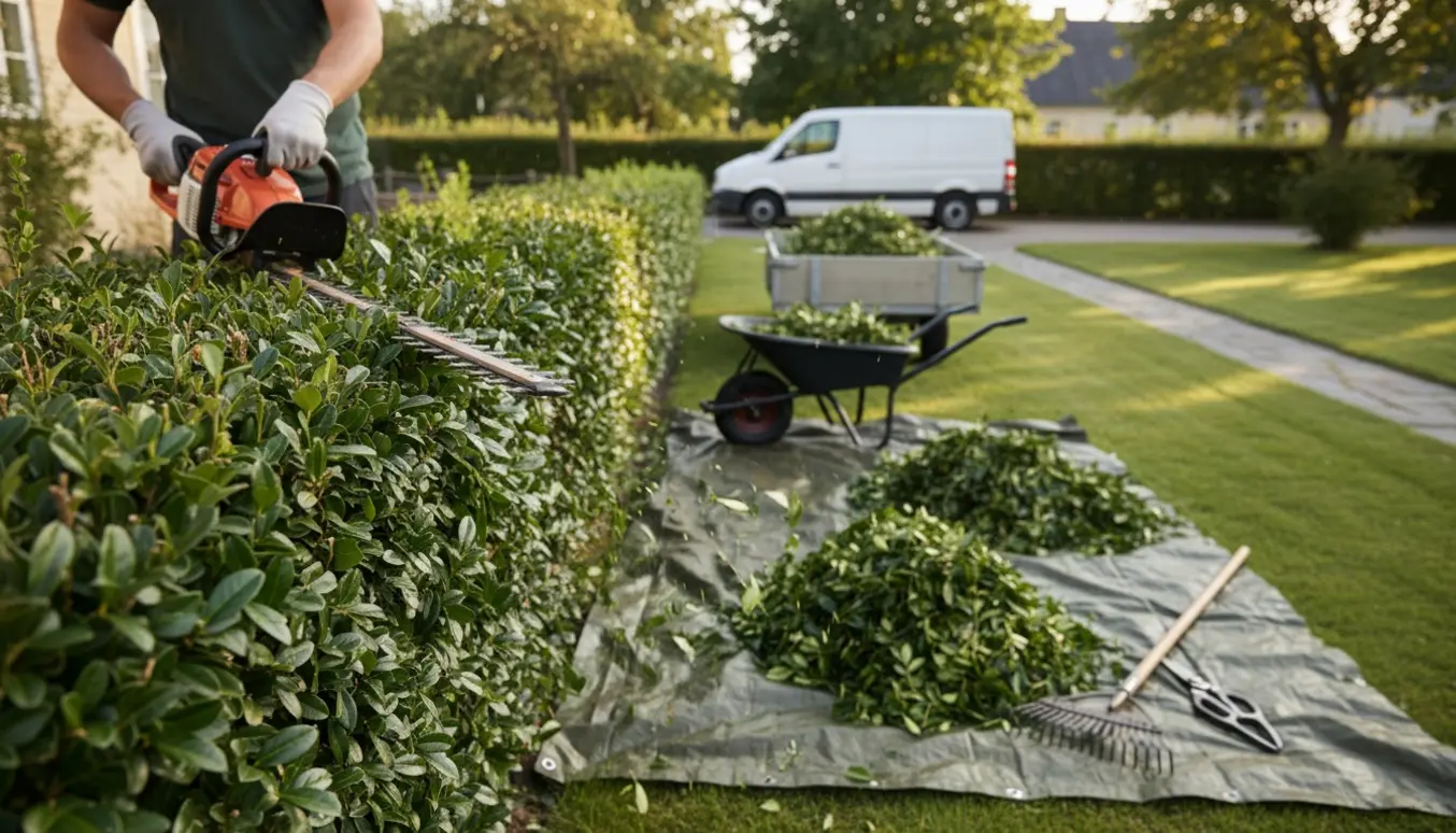 Hækkeklipper i arbejde på en tæt ligusterhæk med afklip samlet i trailer.