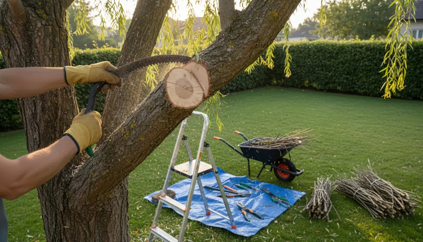 Nærbillede af beskæring af et højt piletræ med stige, sav og ordnede afskårne grene klar til afhentning.