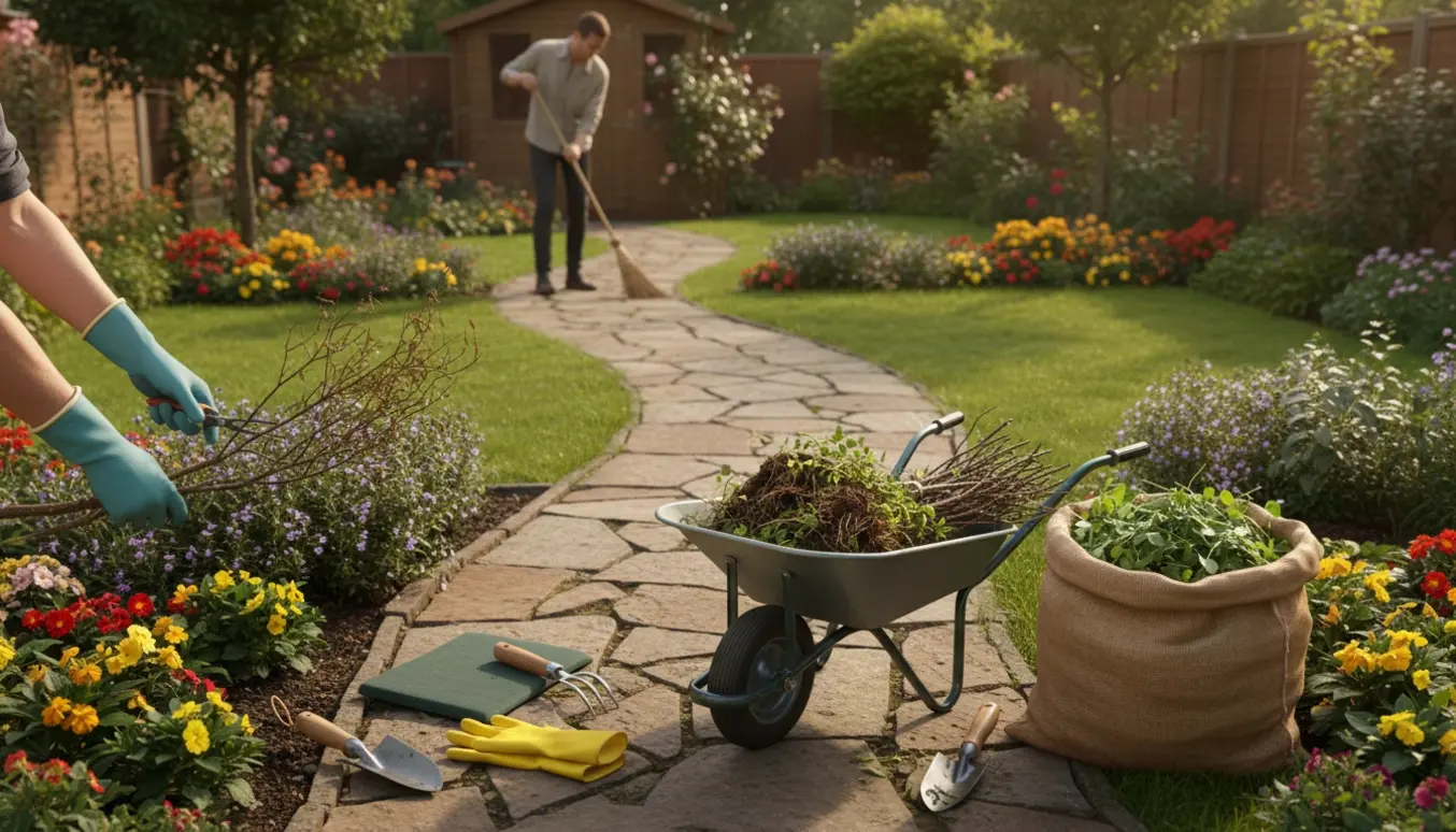 Haveoprydning med ukrudtsfjernelse mellem fliser, fejning og beskæring i en lille have.