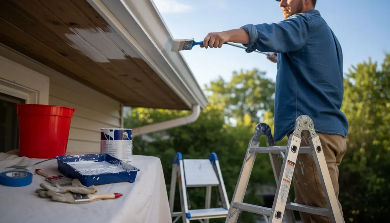 Person maler husets udhæng fra en stige med pensel og malerbøtte i klart dagslys.