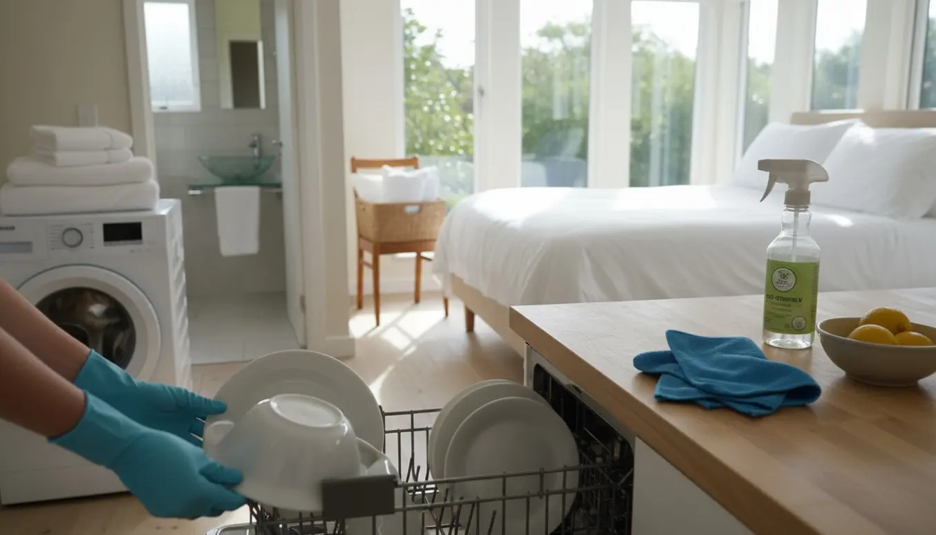 Soloplyst sommerhusinteriør med opvasker, vasketøj og friske håndklæder under rengøring mellem gæster.
