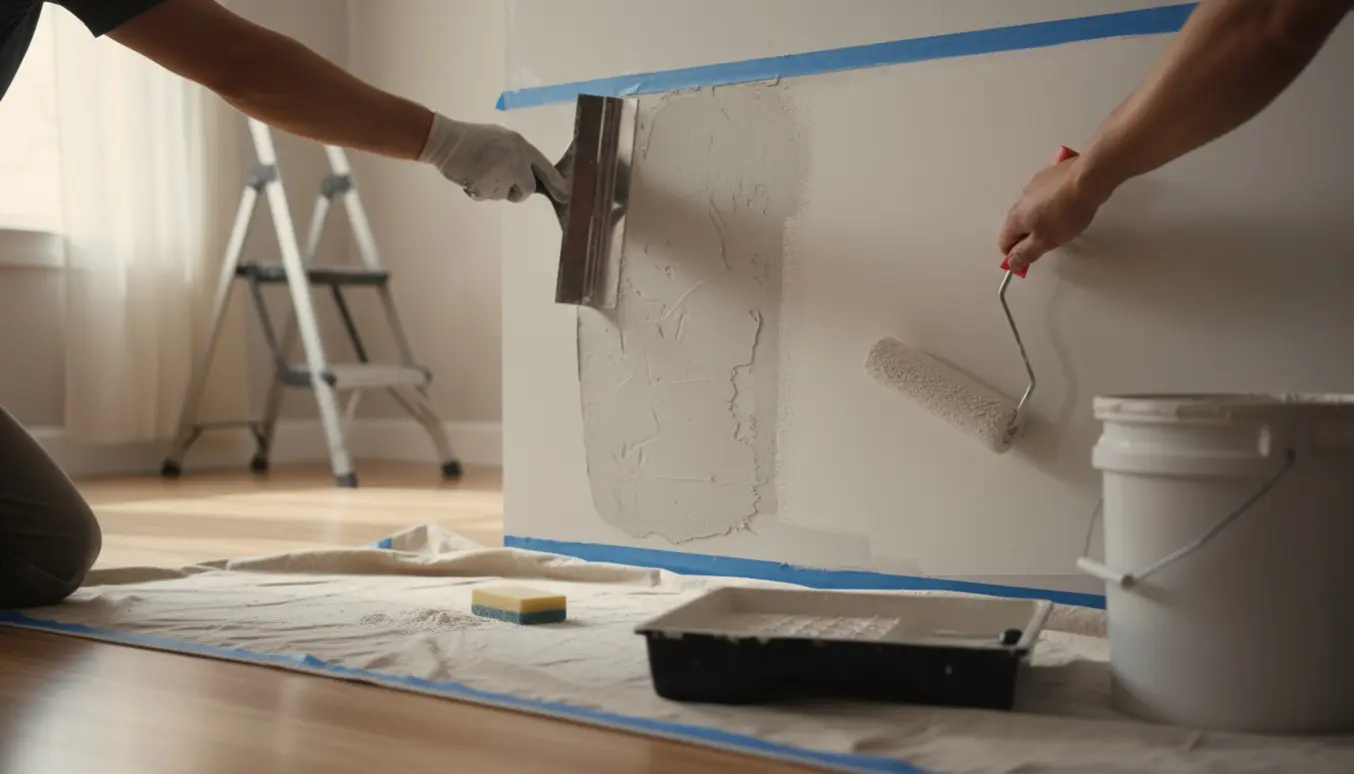 Hænder spartler og ruller maling på en indvendig væg med værktøj og afdækning i naturligt dagslys.