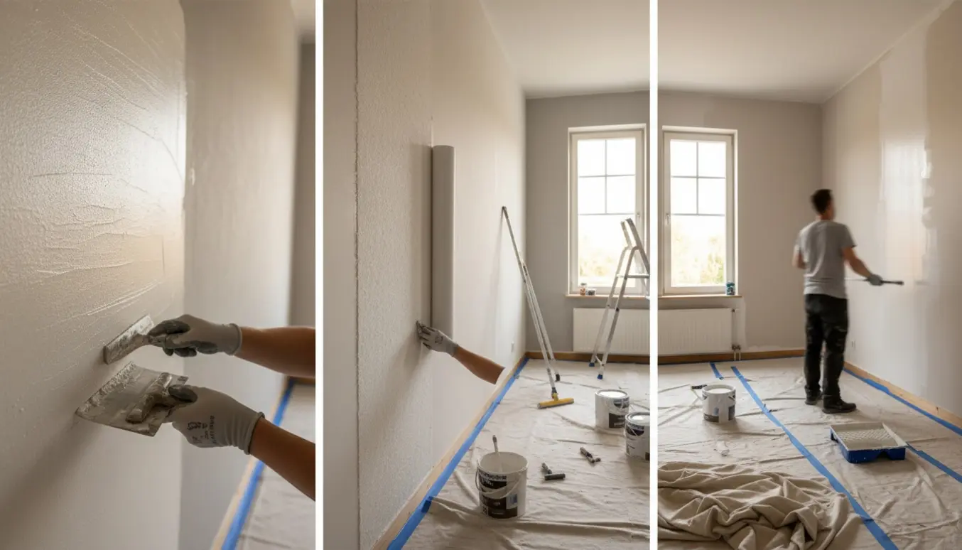 Indendørs scene med spartling, opsætning af filt og maling af høje vægge, værktøj og afdækning på gulvet.