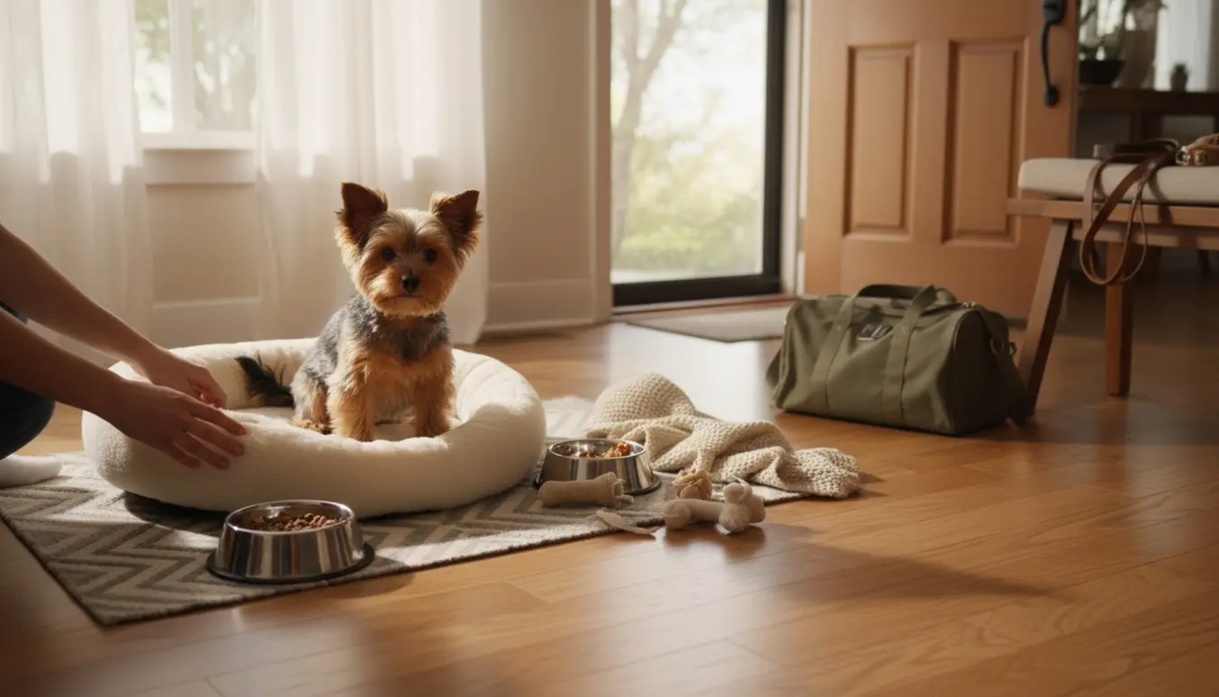 Lille yorkieterrier på en hyggelig hundeseng i en lys stue med madskål og sele klar til pasning i hjemmet.