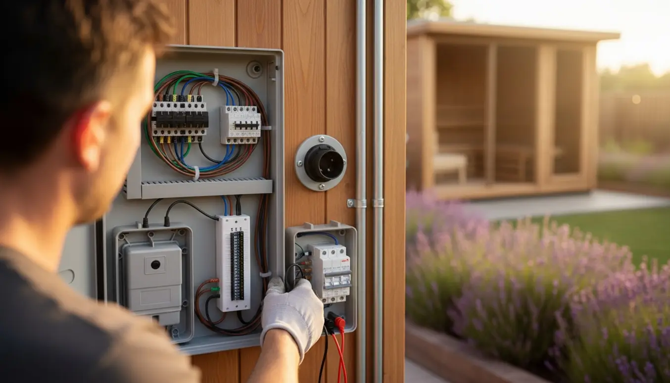 Tekniker tilslutter strøm- og kontrolkabler til en udendørs saunaboks med isolerede værktøjer.