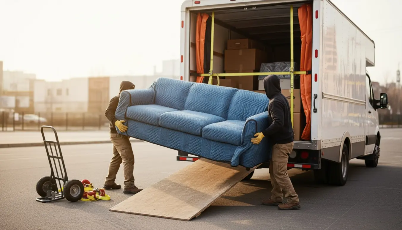 To flyttemænd laster en lang sofa ind i en flyttevogn, indpakket i flyttetæpper og sikret med stropper.