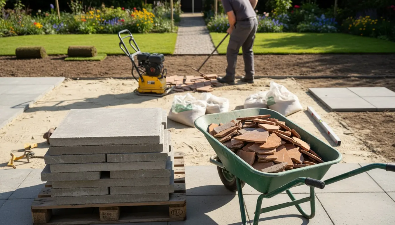 Solbelyst terrasseombygning med fjernede fliser, rullede græstuer og nye store fliser klar til lægning.