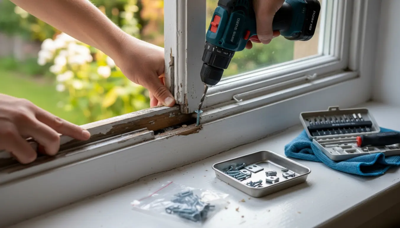 Hænder spænder en løs vinduesskinne i bunden af et vindue med en skruetrækker.