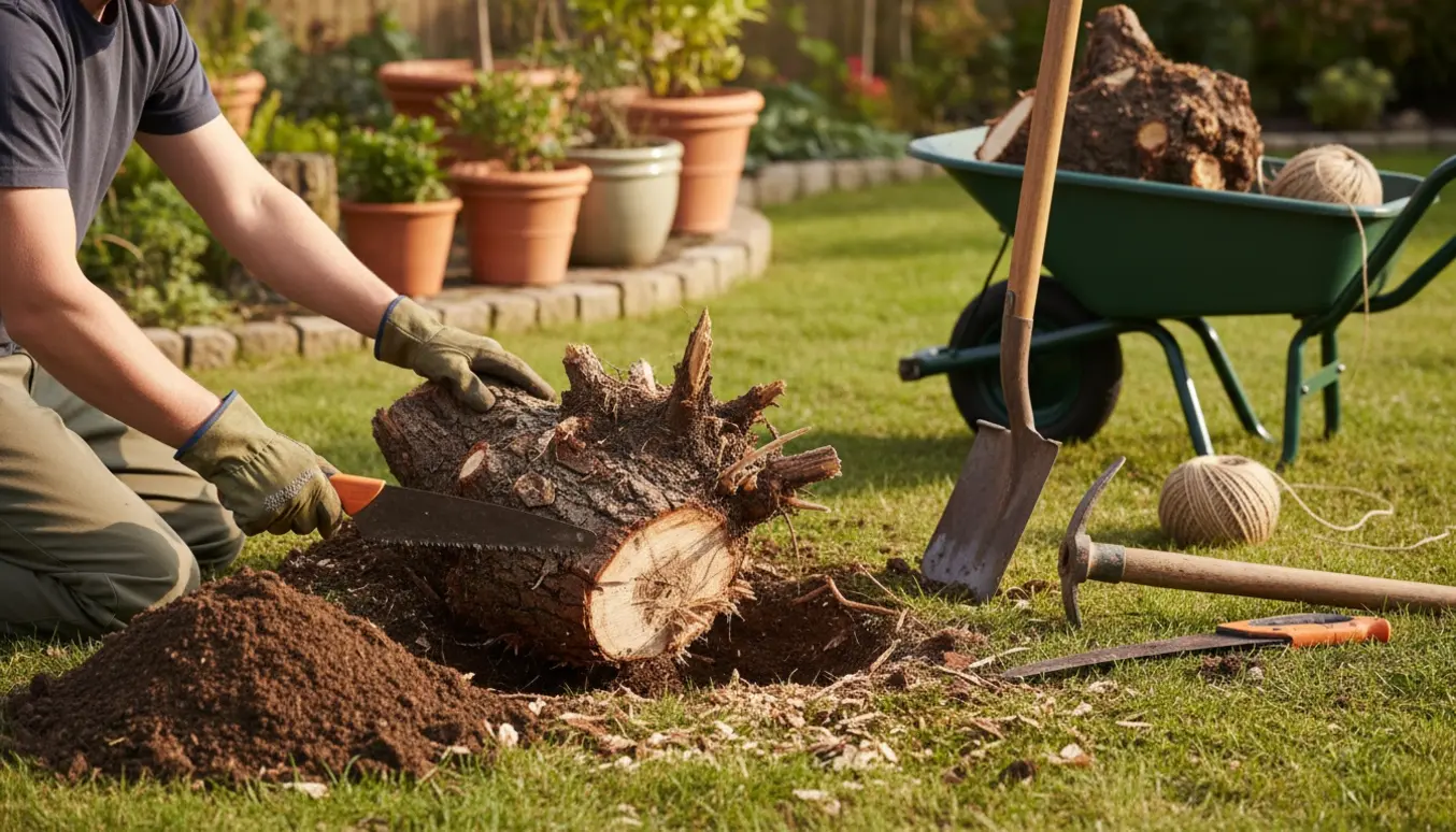 Færdiggørelse af opgravning af en delvist løsnet trærod i en have med spade, sav, jord og handsker.