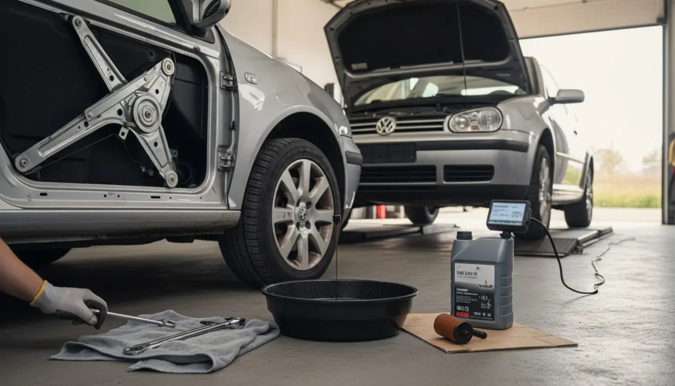 Åben hatchback i garage med fjernet dørpanel, handske-klædt hånd ved rudehejs, olieopsamler og diagnostisk scanner.