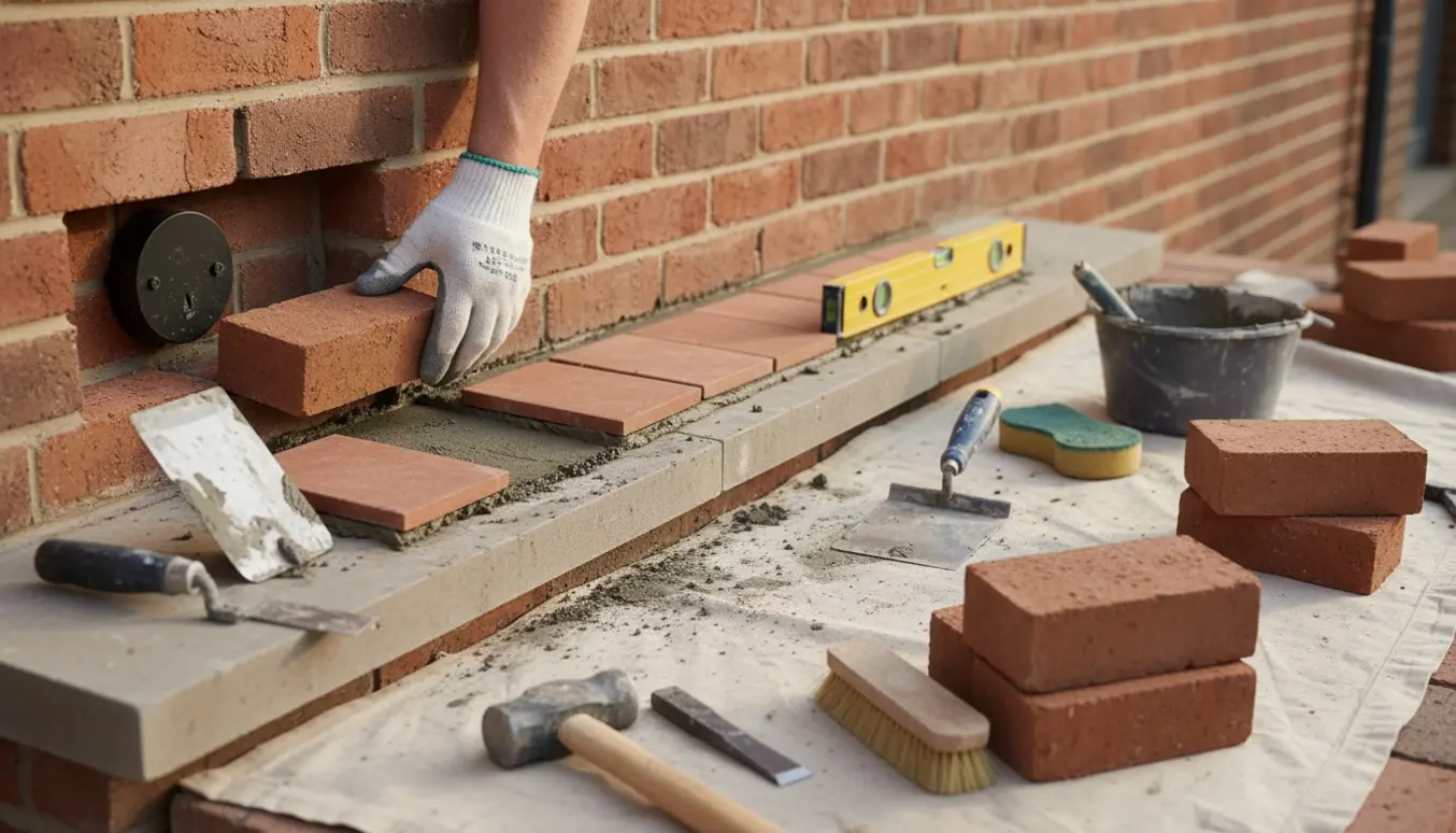 Nærbillede af udvendig mur- og sålbænkreparation med nye mursten og 9x9 cm fliser, værktøj og friskt mørtel.