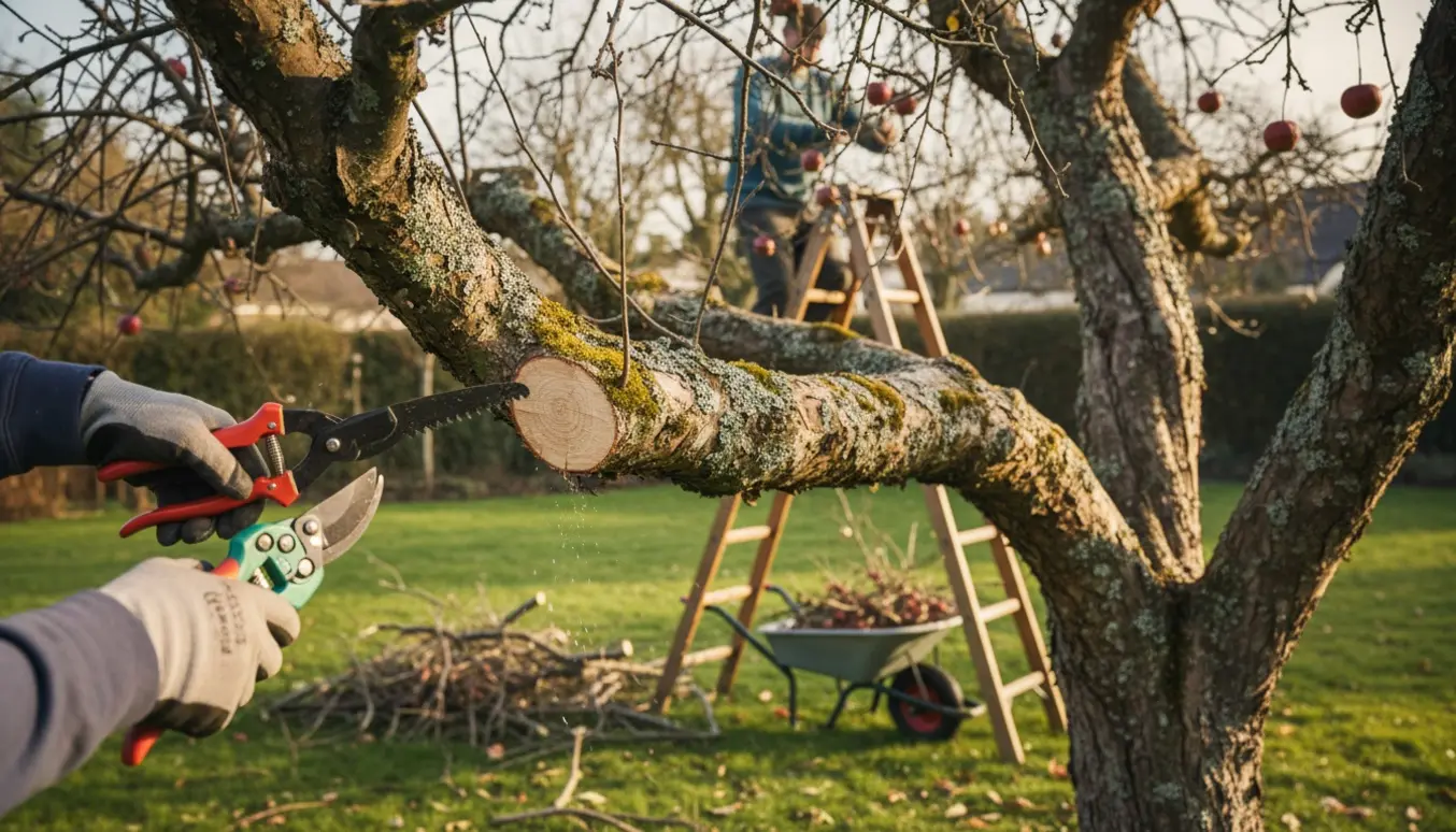 Hænder beskærer et gammelt, knudret æbletræ med grensaks og sav ved en stige, kviste i en trillebør.
