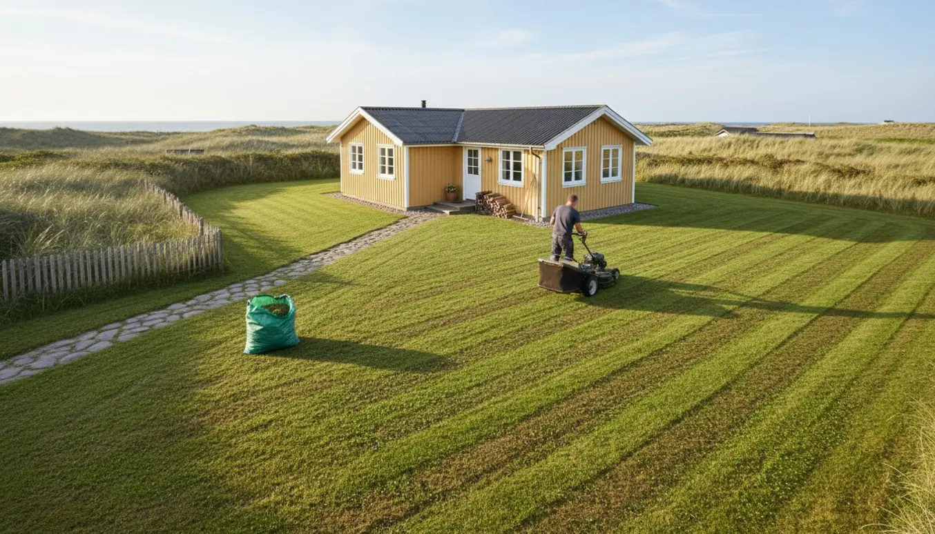 Plænen ved et sommerhus på ca. 1000 m² bliver slået med plæneklipper, med tydelige stribede klippemønstre og hus i baggrunden.