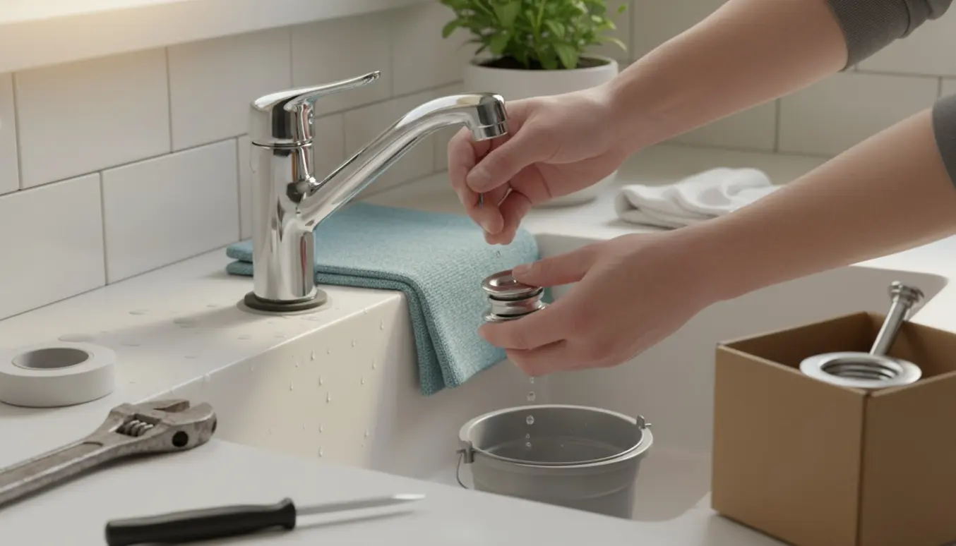 Nærbillede af hænder, der monterer en ny krom vandhane og udskifter bundproppen i en køkkenvask.