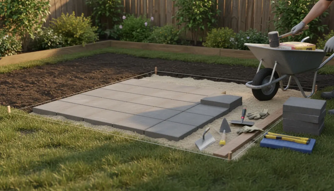 Haveareal under anlæg med grå kvadratiske cementfliser, værktøj og hænder, der placerer fliser.