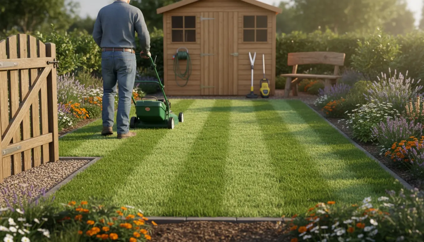 En person slår en lille 150 m² græsplæne med en manuel rulleplæneklipper i en have med nem adgang.