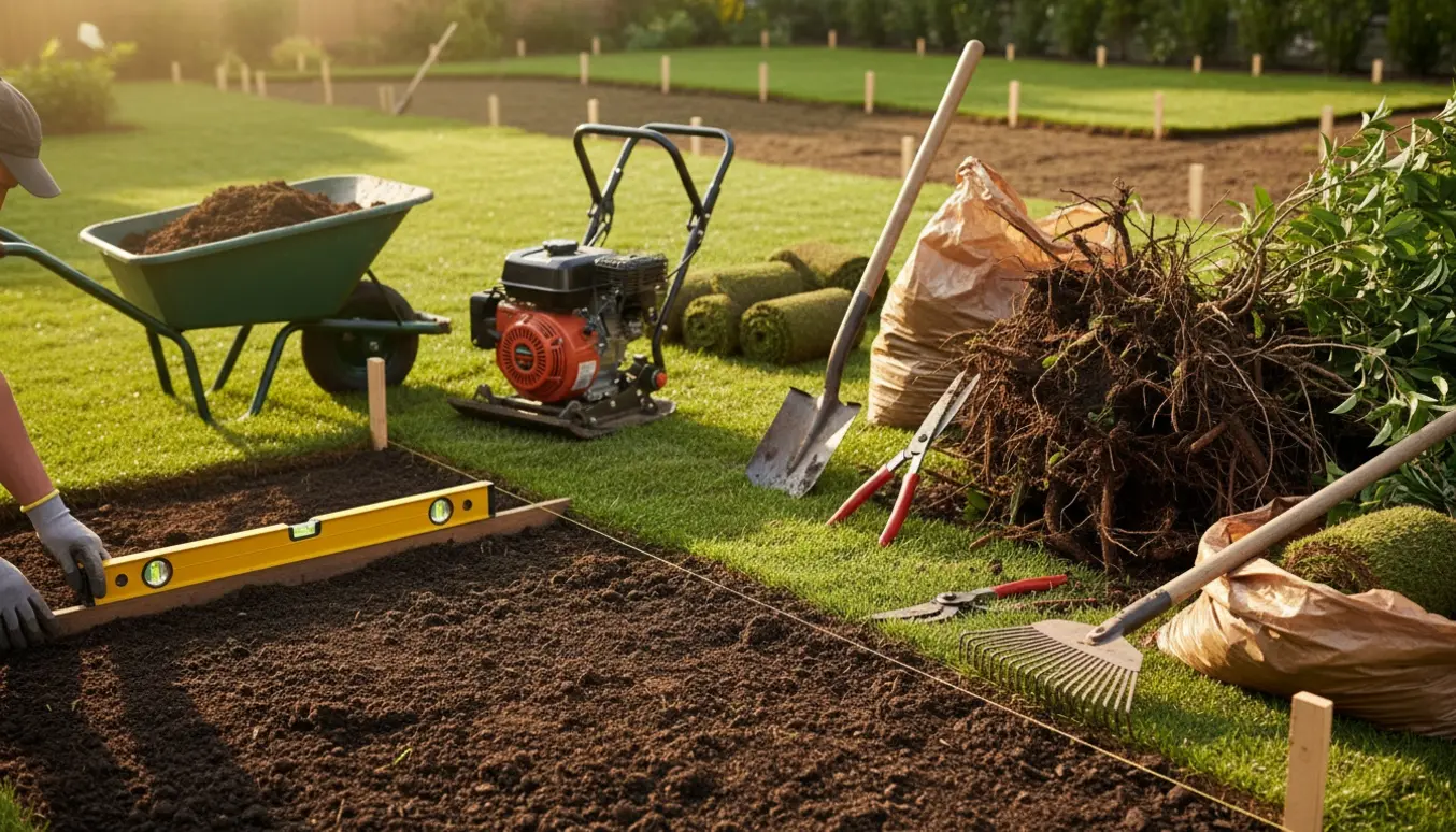 Hænder udjævner havejord med retbord, rullegræs og opgravede buske ved siden af.