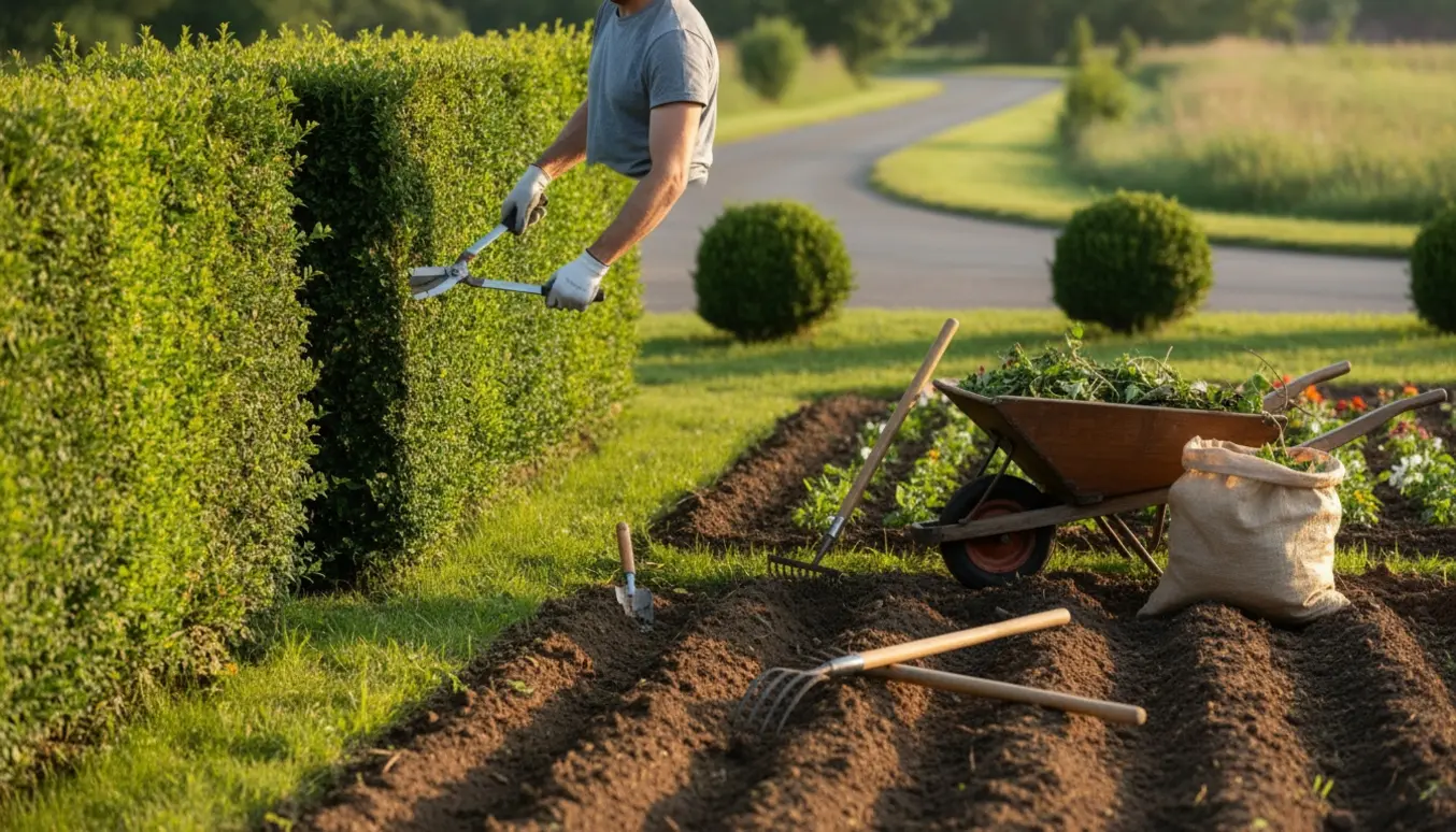 Hands i handsker klipper en hæk ved vejen med beskårne buske, fyldt trillebør og nypudset køkkenhave i baggrunden.