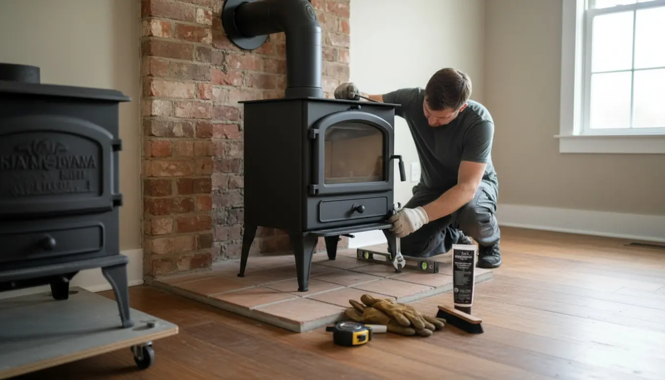 Ny brændeovn skubbes ind under skorstenen, mens håndværker justerer de justerbare ben.